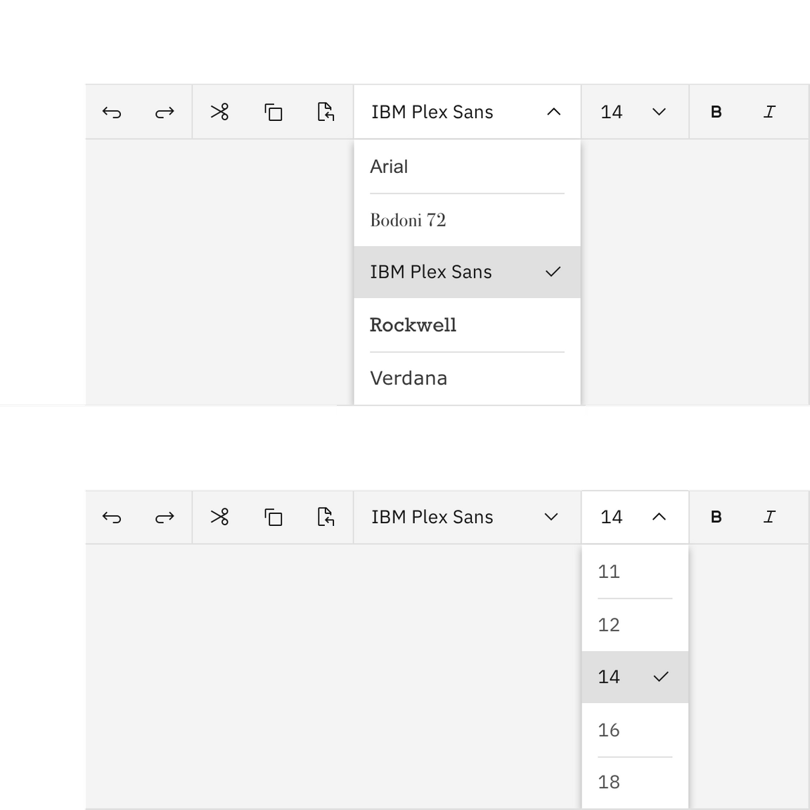 Text toolbar dropdowns. Text toolbar dropdowns.