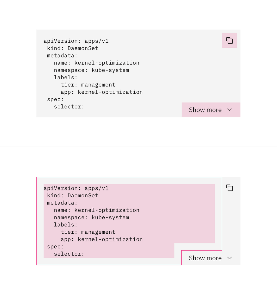 Multi-line code snippet click targets Multi-line code snippet click targets