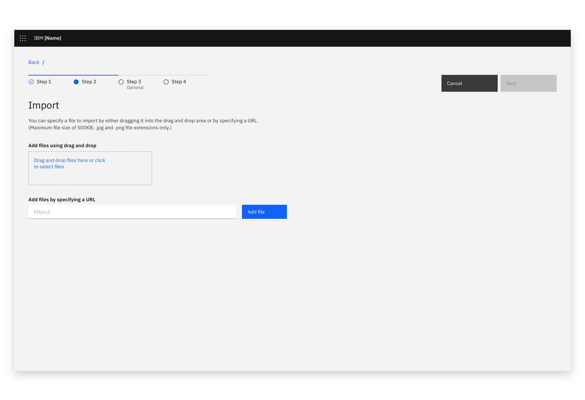 Example of an import dialog in a full page view Example of an import dialog in a full page view