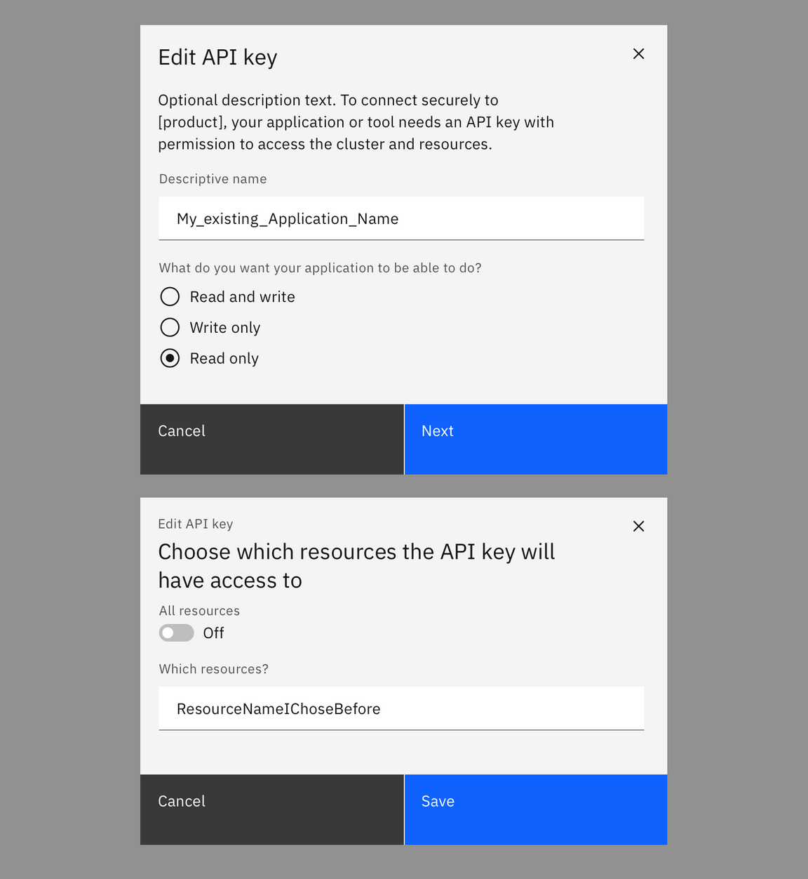 An example of Edit an API key workflow, which ends with a "save" action. An example of Edit an API key workflow, which ends with a "save" action.