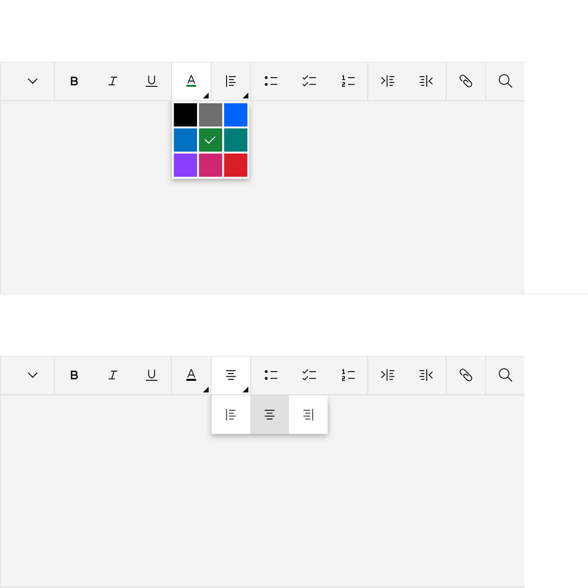 Text toolbar menus. Text toolbar menus.